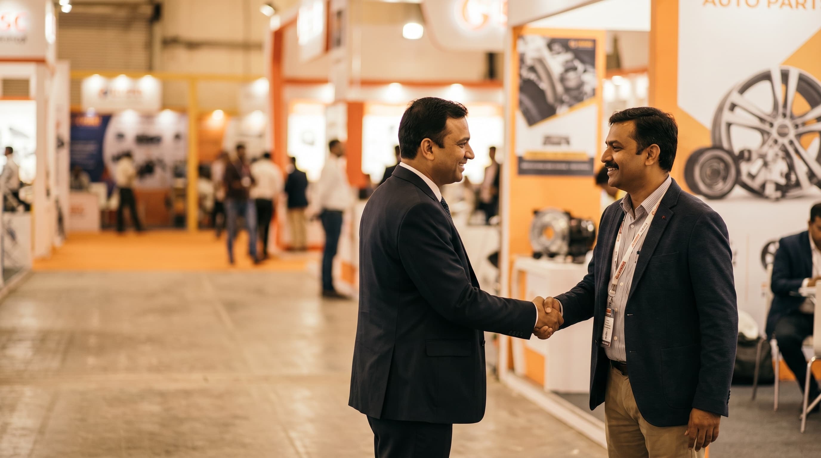 Industry partners shaking hands at an automotive expo