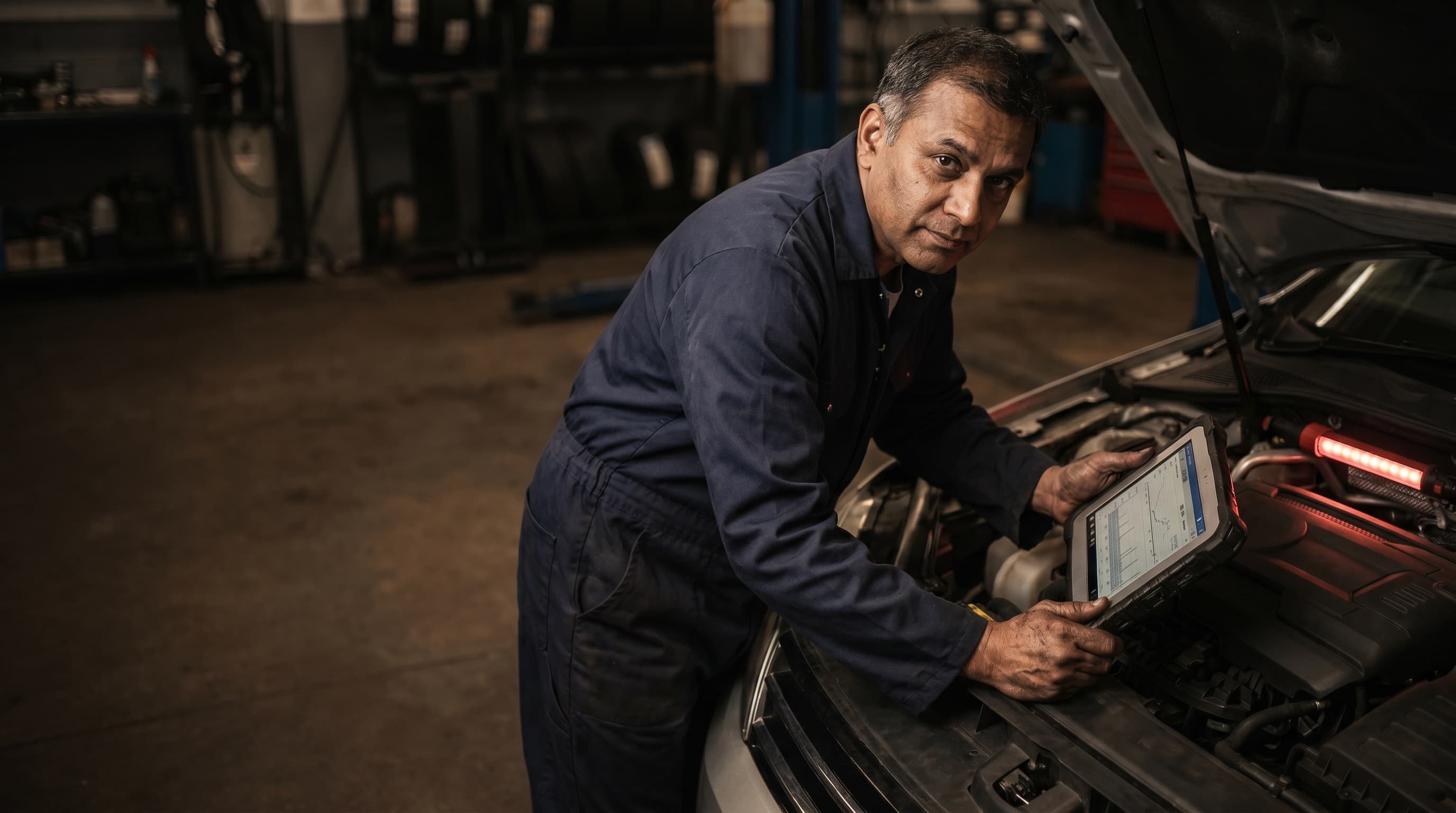 Mechanic running a diagnostic tablet on a car under inspection