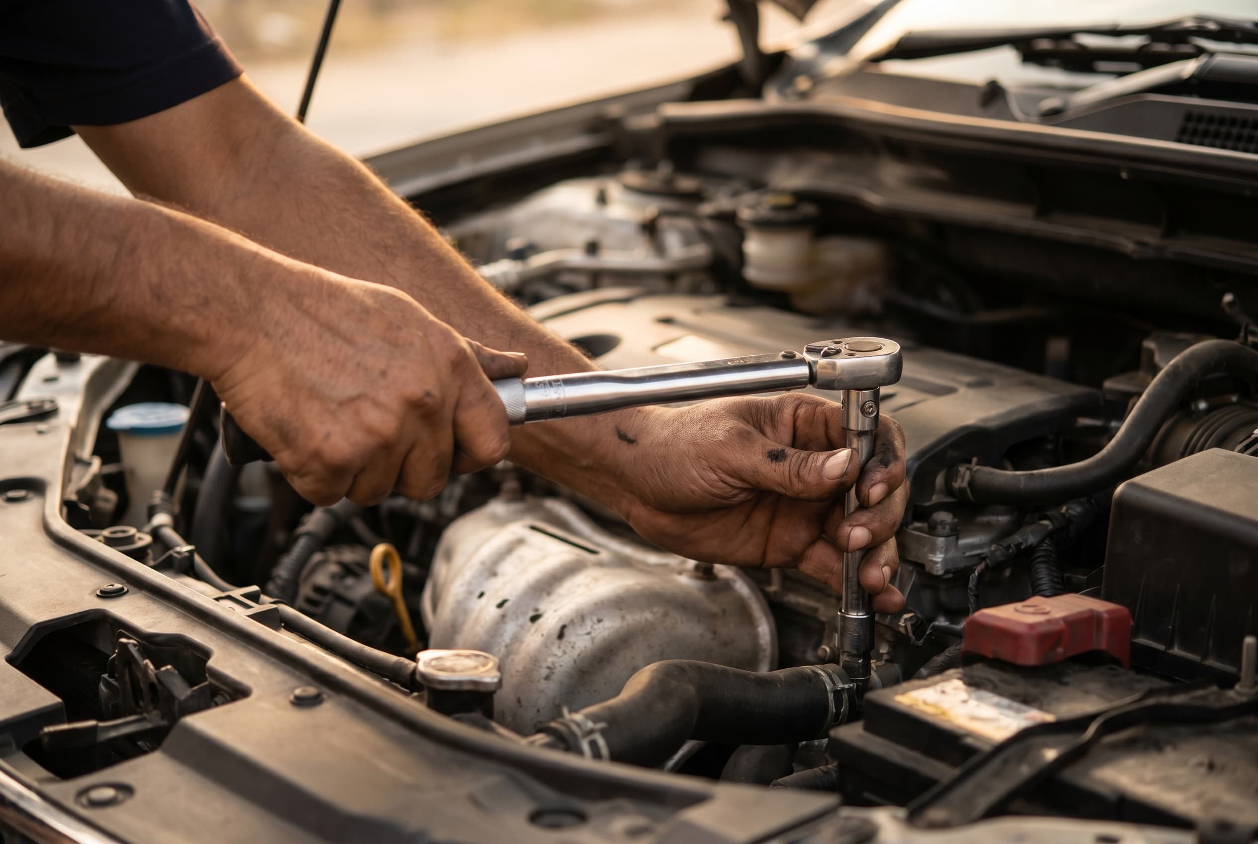 Close-up of skilled hands servicing a car engine