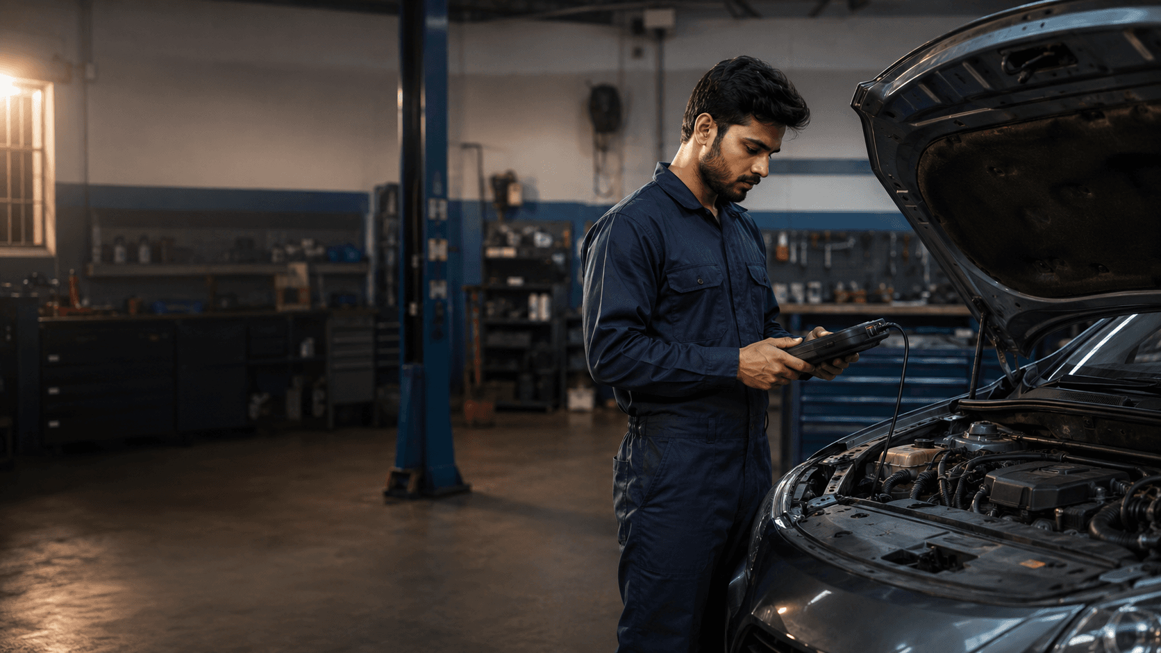Technician at work inside a modern Indian multi-brand car workshop